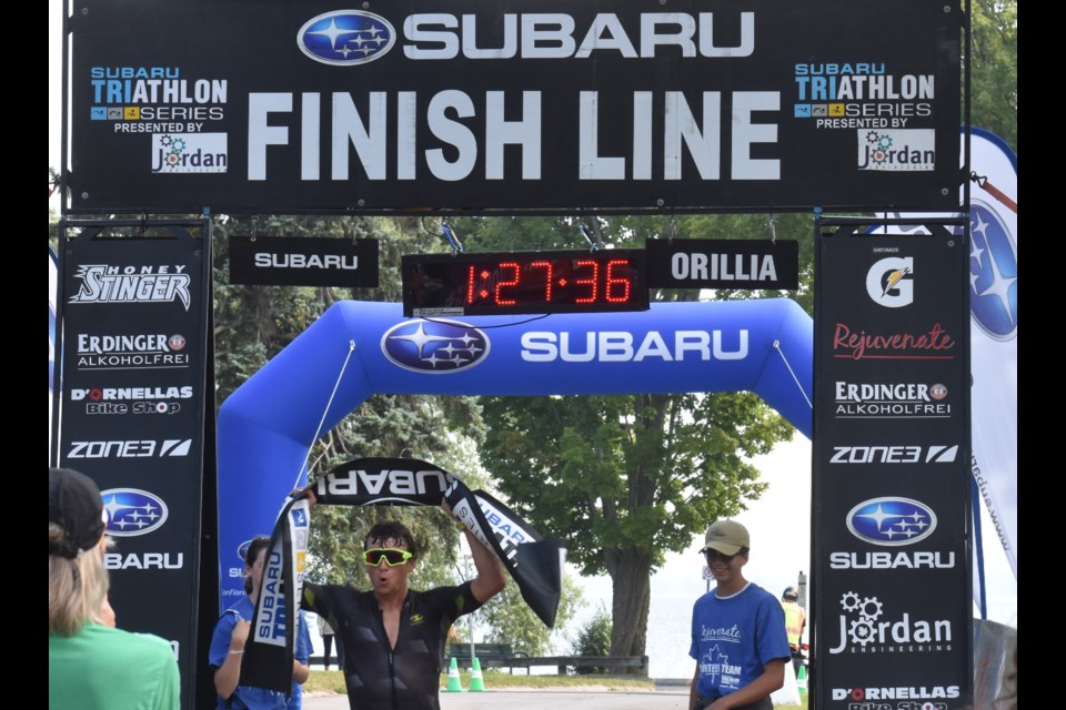 Frank Sorbara successfully defended his title Sunday, shaving a bit of time off his winning time last year to win Sunday's Northern Triathlon in Orillia. Dave Dawson/OrilliaMatters