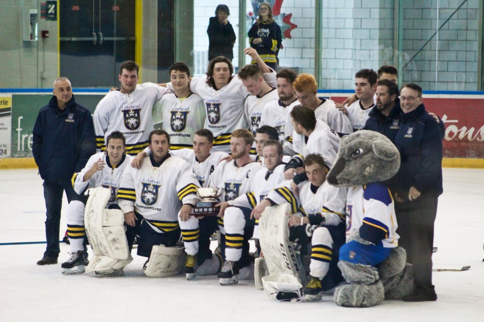 The Lakehead Thunderwolves pose for a photo Sunday at Rotary Place after defeating the Georgian Grizzlies 11-1 to claim the Orientation Cup. Nathan Taylor/OrilliaMatters