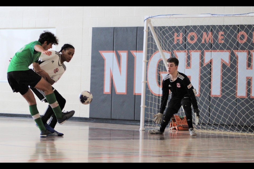 North Toronto (in green) took on Unionville (in white) Friday during futsal action at Orillia Secondary School as part of the Ontario Winter Games. Nathan Taylor/OrilliaMatters