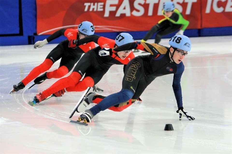Orillia's Sam Galloway, 17, is shown at the front of the pack during a speed-skating competition last year in Calgary. Supplied photo