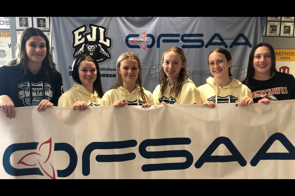 Orillia Secondary School swimmers, from left:  Rachel Carr, Ariel McGee, Claire Kudar, Evie Cooke, Ava Elliott and Madison Matthews 