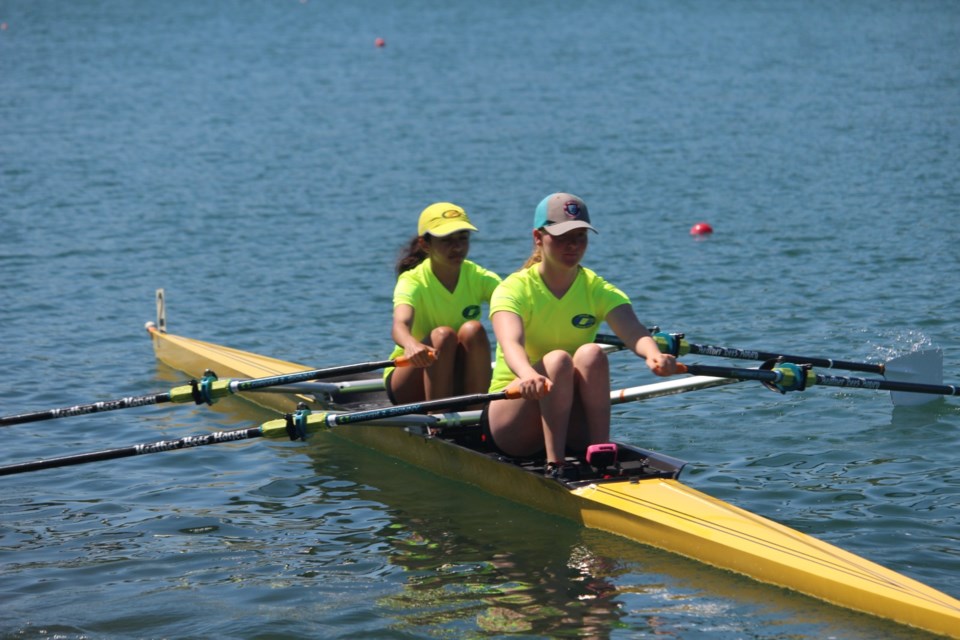 Orillia Rowing Club members Molly Hazel and Laila Castel Philips are shown.