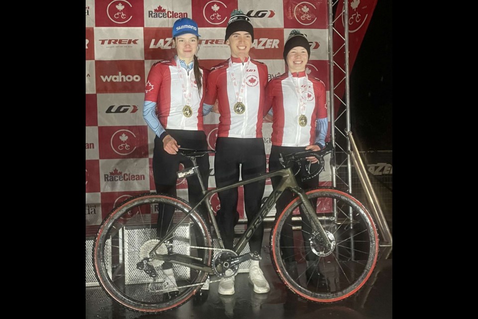 Orillia athletes Isabella Holmgren, Ian Ackert and Ava Holmgren are shown with their championship jerseys after each won their divisions at the Canadian National Cyclocross Championship in B.C. on the weekend.