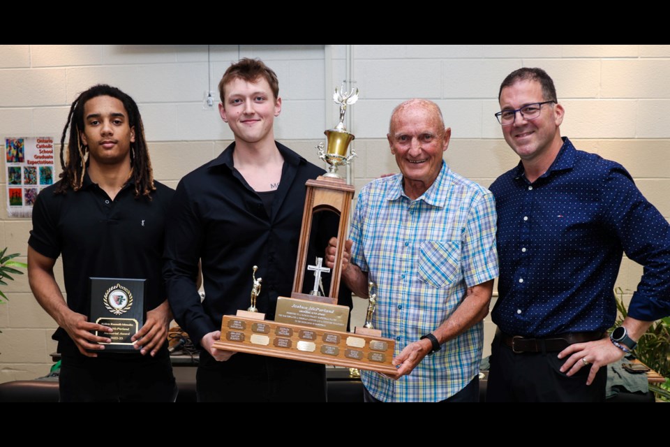 Aiden Russell-Moodie and James Hill-Kent were named the co-winners of the Josh McParland Award at Patrick Fogarty's recent athletic banquet. The award was presented by Josh's dad, Mike McParland, and teacher Fred Bosco.