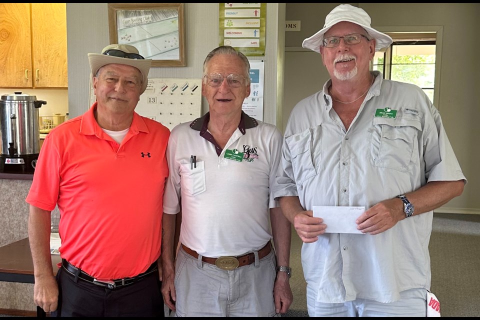 The team of Sergio Diamanti (MIdland), Garry Campbell and Brian Minns (Orillia) finished first at the recent Friendly Tournament at the Orillia Lawn Bowling Club.