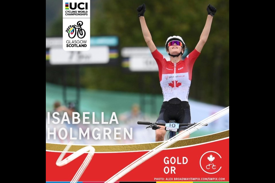 Isabella Holmgren celebrates after winning the Cycling Super Worlds in Scotland.