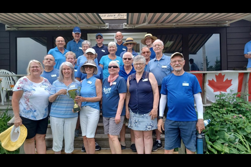 The Probus Club of Orillia contingent is all smiles after winning the first event between the four local clubs at the Orillia Lawn Bowling Club Thursday.