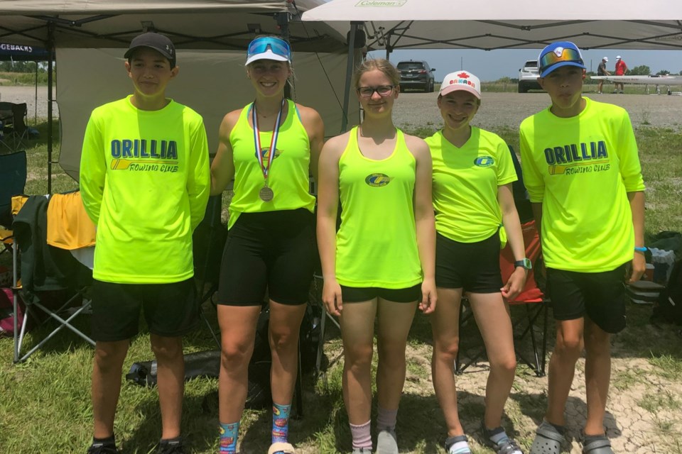 Members of the Orillia Rowing Club at the Central Ontario championships in Welland, from left: Matthew Pecorella, Kierstyn Hawke, Sophie Stegenga, Maёlle Bouchard, and Sam Pecorella.