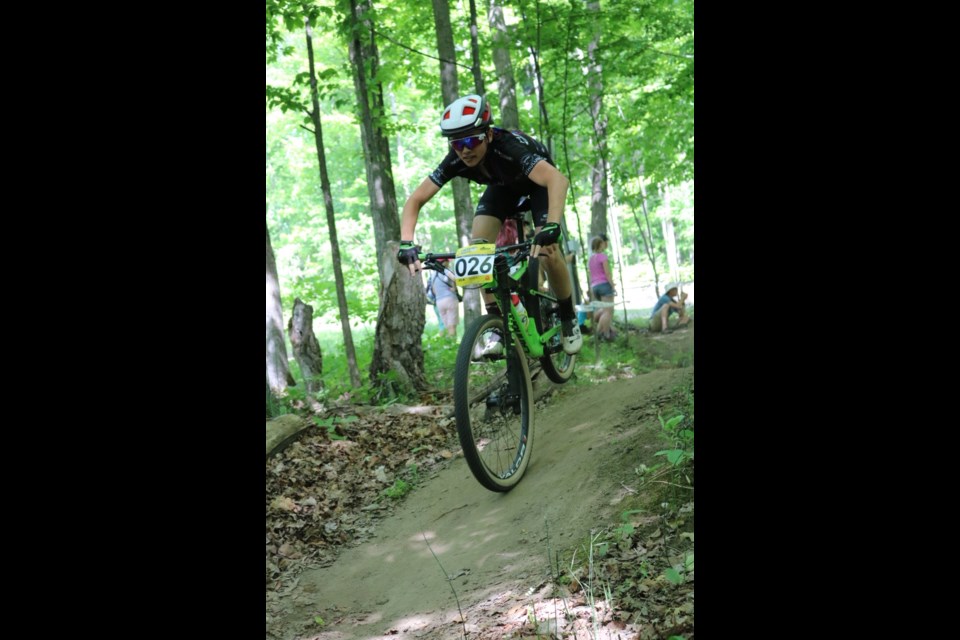 Colton Bartholomew races downhill towards a 5th place finish at the Trek Store Canada Cup race this past weekend.