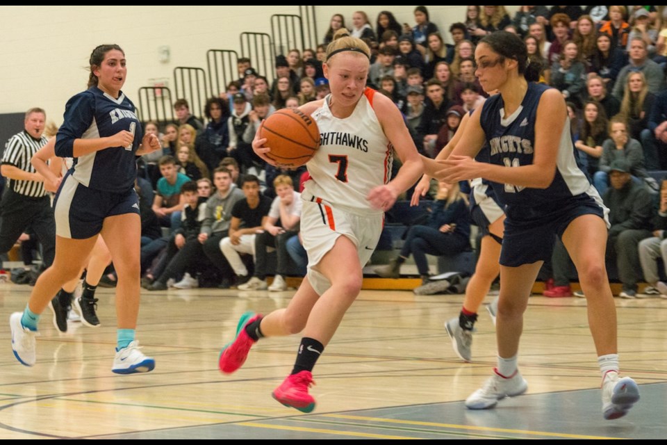 The OSS Nighthawks were led by some clutch scoring by Ally Smith who registered 15 points in Wednesday night's GBSAA senior girls basketball final. The Nighthawks triumphed over the St. Joan of Arc Knights 63-41. Tyler Evans/OrilliaMatters