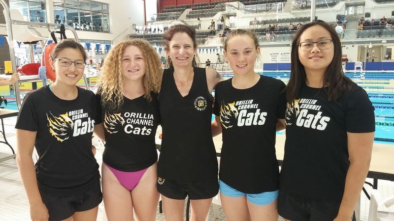 Channel Cats Coach Tatum Haslem is shown with swimmers at AA Provincials in Markham. From left: Carly Widmer, Flora Haslem, Coach Haslem, Chilyn Fenton and Megan Widmer. Contributed photo