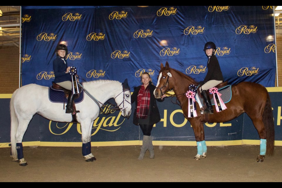 Hayden McCahon and Silver Rush are shown with Hayden's mom and coach, Heidi Mueller of Rushmount along with Sydney Freeman and her mount, No Rhyme or Reason. Submitted photo