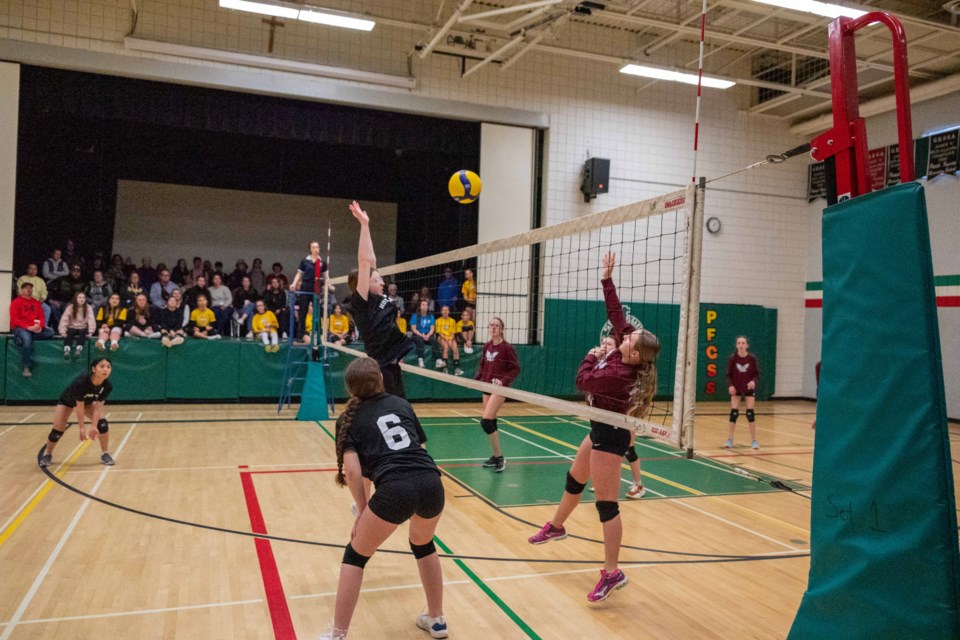Notre Dame Catholic School took on East Oro Public School during the intermediate girls Area Volleyball Tournament today at Patrick Fogarty Catholic Secondary School. 