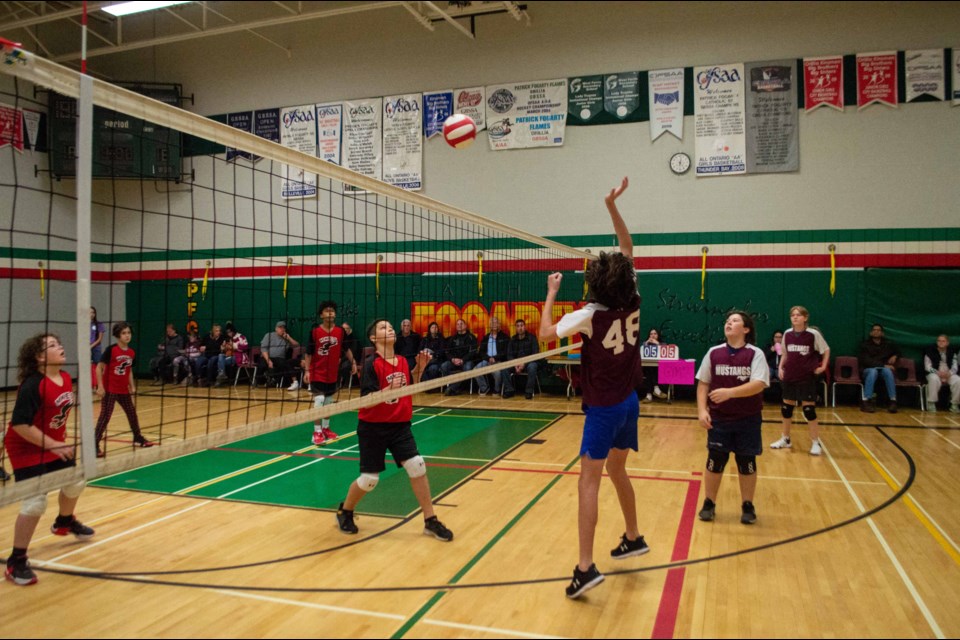 Mnjikaning Kendaaswin Elementary School faced off with Marchmont Public School during the Intermediate Boys Area Volleyball Tournament this morning.  