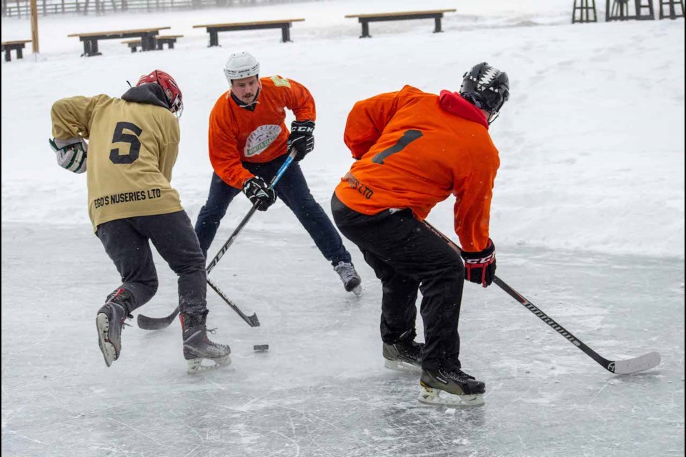 The Remarkables (orange) and Benny and the Jets (beige) faced off in the Braestone Winter Classic on Saturday morning.  