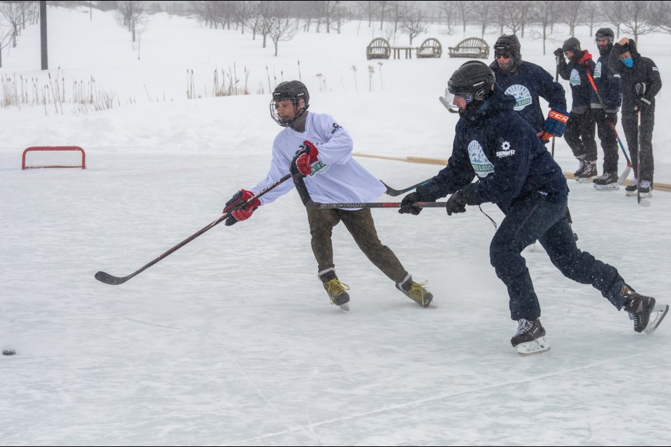 Georgian Communities and the Meatbags opened the Braestone Winter Classic pond hockey tournament Friday.