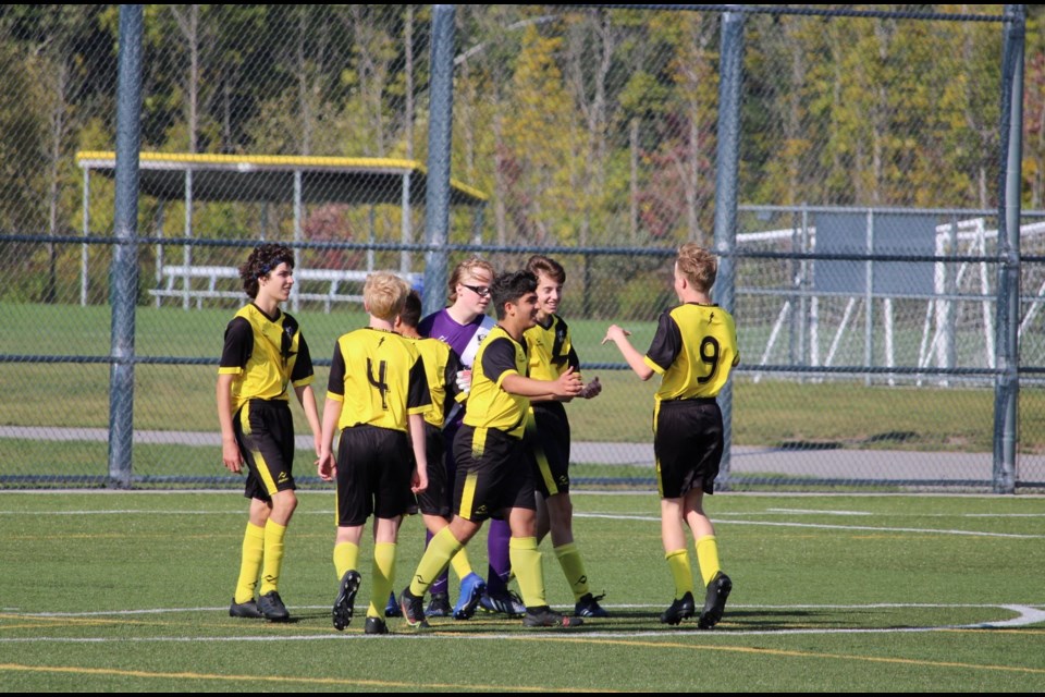 The Opdenkelder Landscapes and Design U14 Orillia Lightning celebrated a victory after defeating North Bay in recent Huronia District Soccer Leaghe action.