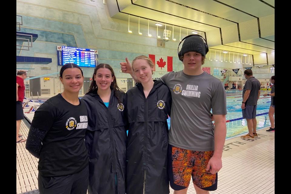 From left: Orillia Channel Cats swimmers Taryn Fenton, Anna Holton, Evangeline Cooke and Indiana Abram recently competed at the Ontario Youth-Junior long-course championships in Etobicoke.