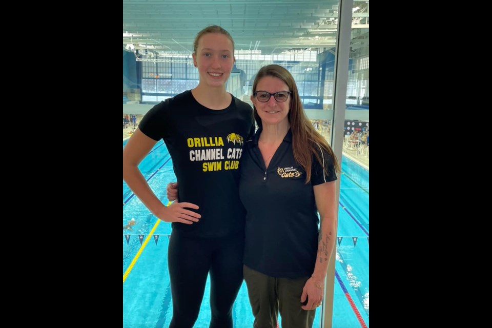 Orillia Channel Cats swimmer Blythe Wieclawek is shown with head coach Meredith Thompson-Edwards. Wieclawek will compete at the Canadian Swimming Trials later this month.