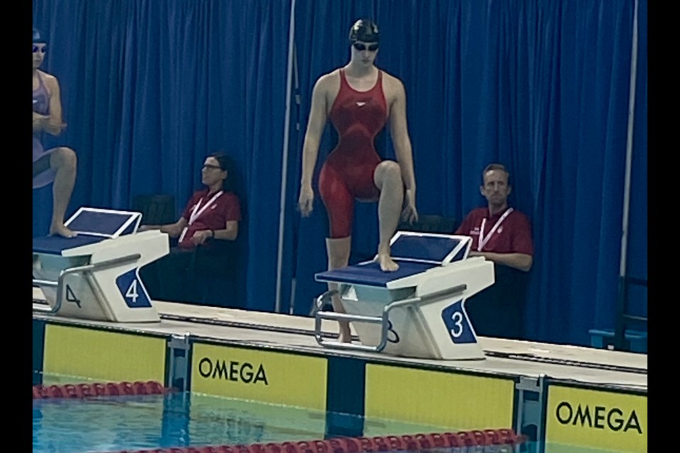 Orillia Channel Cats swimmer Blythe Wieclawek steps onto the starting block at the Speedo Canadian Swimming Championships in Toronto.