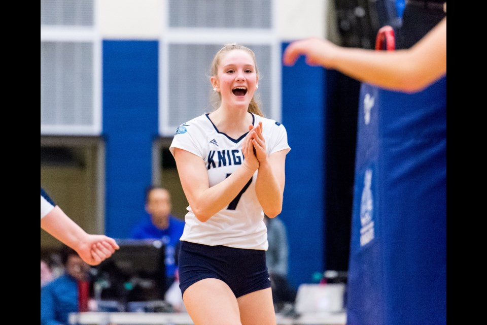 Olivia Burnie celebrates a big point during recent action with her varsity team. Niagara College photo