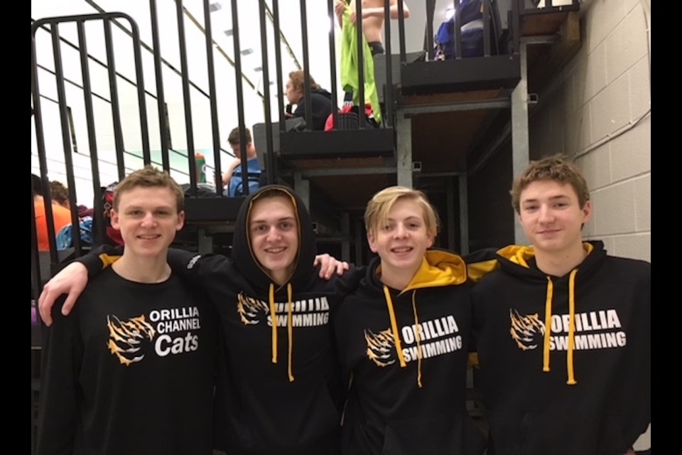 The male 15 and over relay team is shown after swimming strong at provincials. From left: Owen Rosati, Hughie Edwards, Grier Kershaw and Caleb Near.