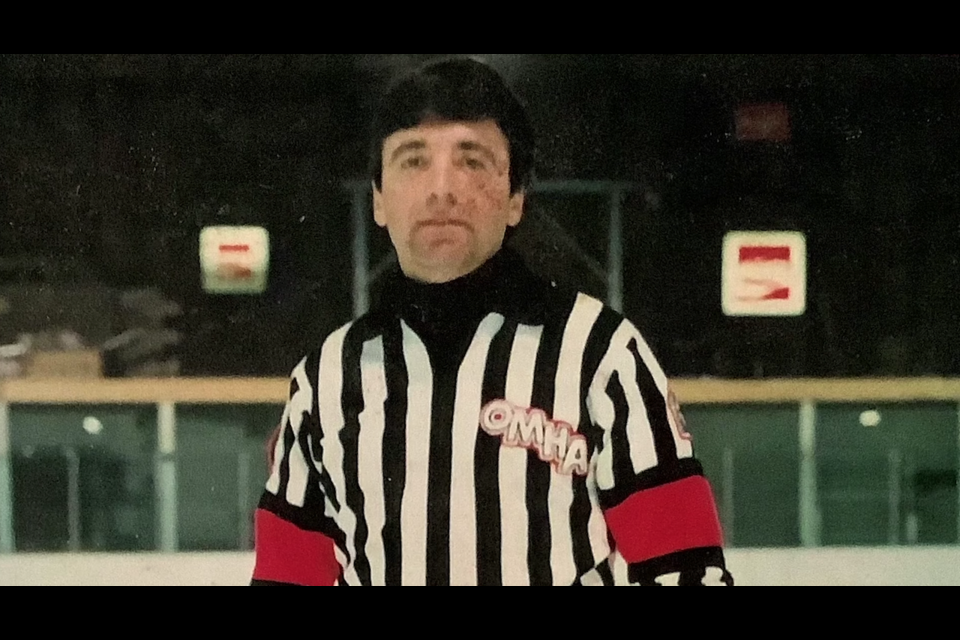 Ken Cadeau started officiating local hockey games 40 years ago. He was awarded the Ontario Minor Hockey Association Development Award last week. 