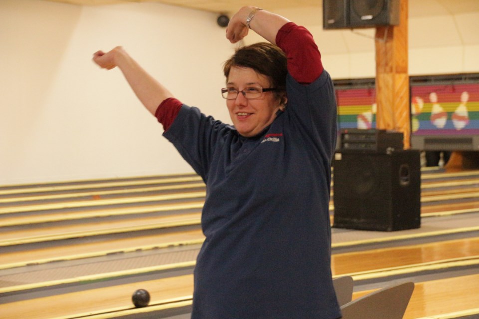 Lynda Larkin is heading to Thunder Bay to compete in five-pin bowling. She’s seen here celebrating at a practice session in Orillia. Contributed photo