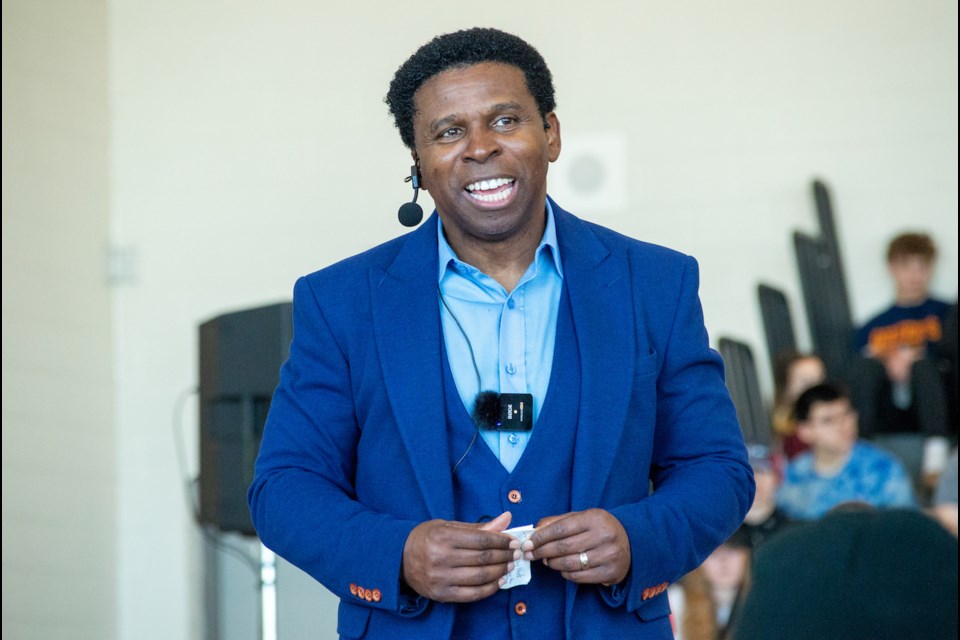 Former Toronto Argonauts running back and coach Michael "Pinball" Clemons spoke to students at Orillia Secondary School on Tuesday morning.  