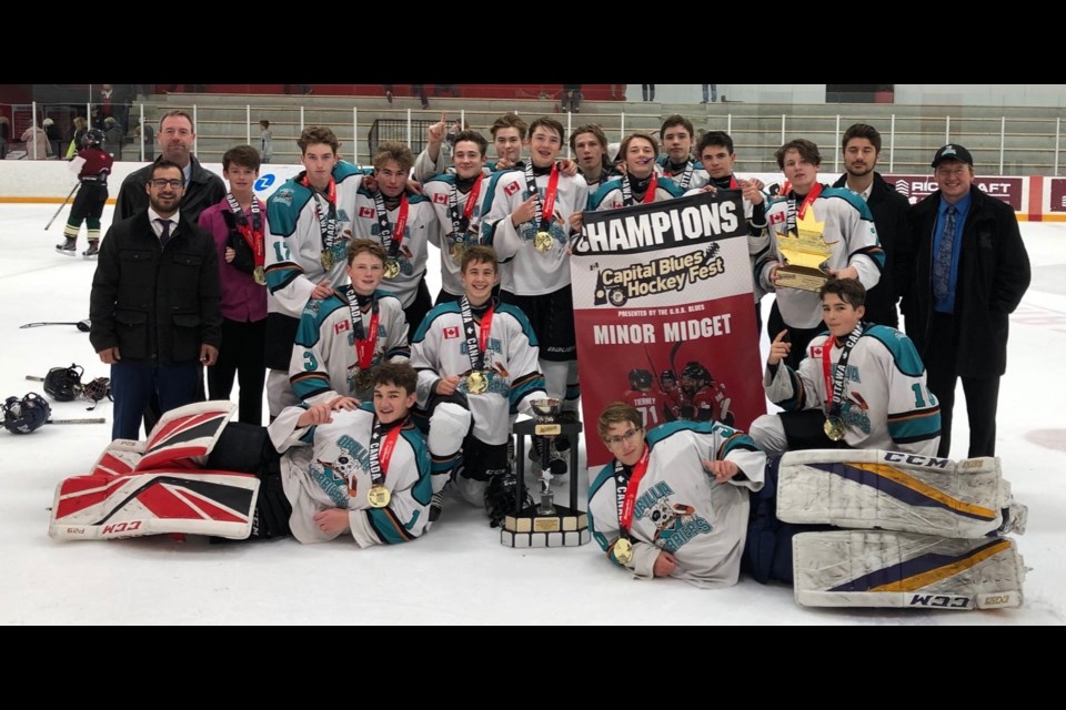 The Scotiabank minor midget Terriers captured the title at the recent Capital Blues Hockey Fest tournament. In the back row, from left: Owen Palaro, Jace Gilbert, Andrew Thorn, Jonah Teahen, Owenn Banks, Whyatt Winkel, Carter Barnard, Brock Jeffels, Jhett Winkel, Sam Trumble and Tye Snellman. In the front row: Connor Flannery, Kaiden Robitaille, Sam Laughlin. Goalies, Kamden McIvor and Colby Small.
Absent Quinn Mcconnel. 
Coaches: Chris Marinakos, Mike Greco, Chris Palaro and Wes Winkel.