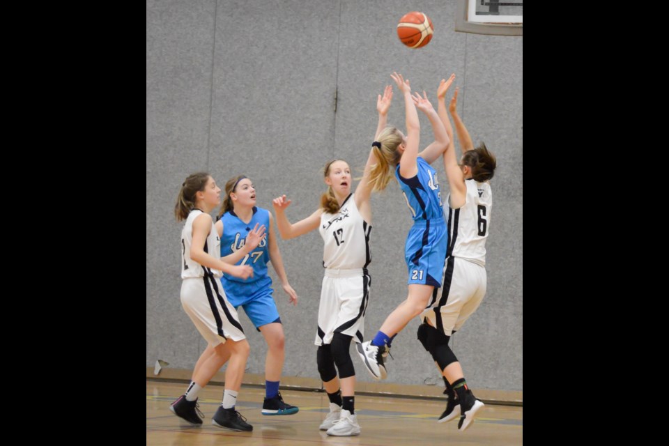 The Orillia Legion Branch 34 major midget girls fought hard for the ball during the Ontario Basketball League A division championship this weekend. Cory Bechthold-Coon photo