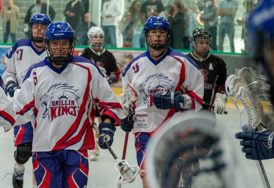 Kings forward Bjorn Dielmann celebrates a goal. He scored in the Kings' recent 13-5 romp over Newmarket at Orillia's Rotary Place.