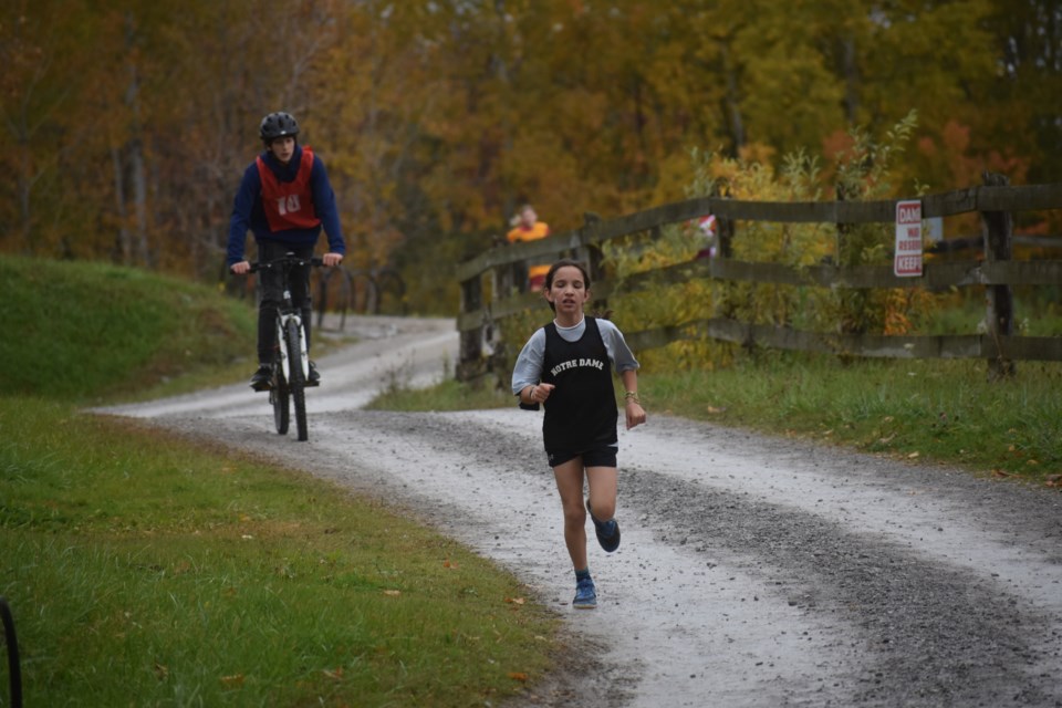 A Notre Dame student leads the pack during Wednesday's Area Cross Country Running Championship at Mount St. Louis in Moonstone.