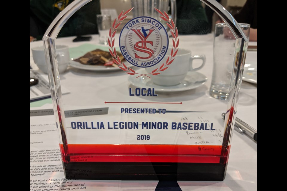 Orillia Legion Minor Baseball was recognized as the top local baseball association in the region at the York Simcoe Baseball Association year-end awards banquet on the weekend. Contributed photo