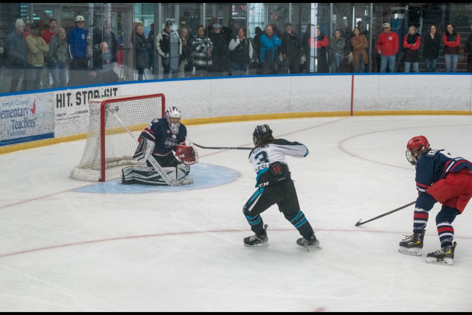 U15 Orillia Terriers' captain Caden Cheslock fires a shot on the Woolwich goalie during OHF championship tournament action at Rotary Place on Saturday afternoon. 