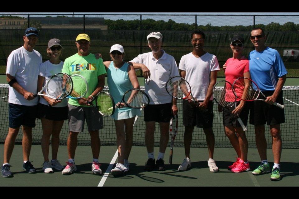 Team Volley won the Orillia Tennis Club's first annual Davis Cup-style tournament at the West Orillia Sports Complex. From left: Ken Brownlee, Shannon Kearns, Peter Koehli, Terry Gould, Colin Old, Apurva Patel, Kathryn Campbell and Rob Campbell. Absent: Heather Koehli