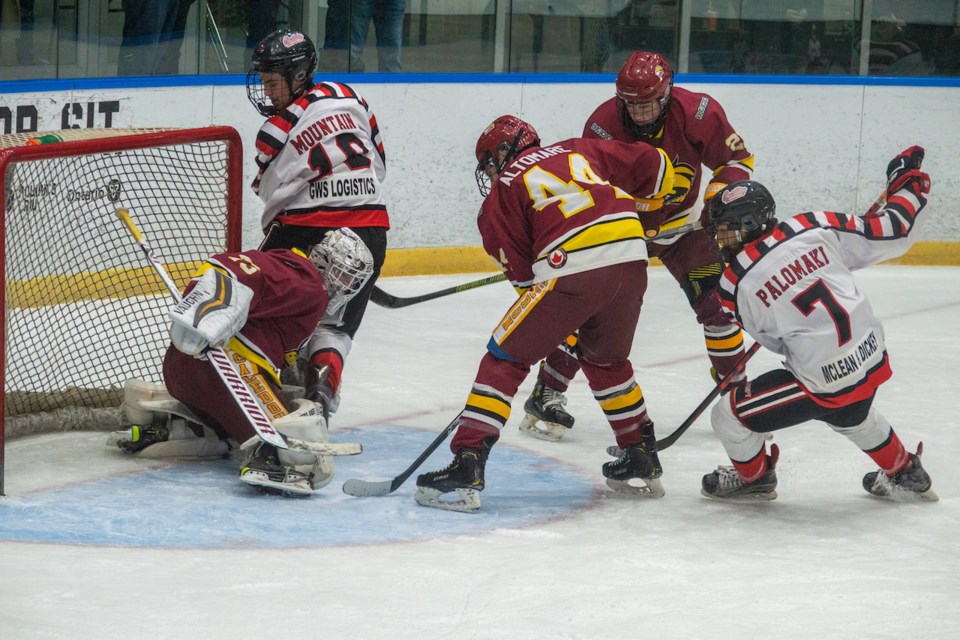 Orillia Terriers' forward Noah Mountain scored the first goal of the second period during Saturday night's 7-3 loss to the Caledon Golden Hawks. 