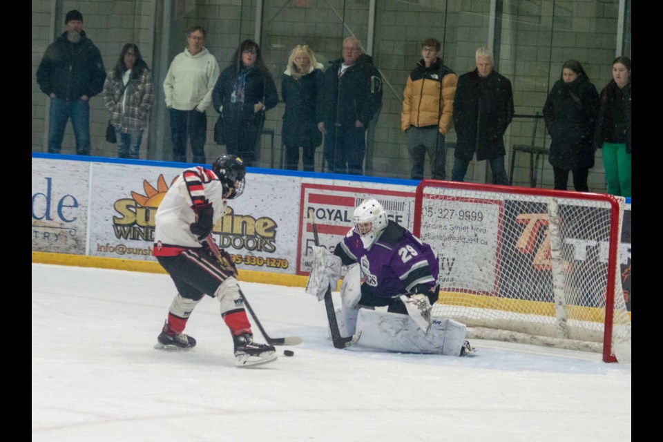 Orillia Terriers' captain Dylan Palomaki was denied on a breakaway in overtime by Penetang Kings goalie Sawyer Lammle. Saturday night's game ended in a  1-1 tie. 