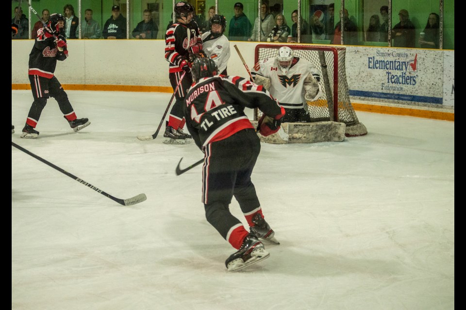 Terriers' forward Jayden Murison scored his third of the season on Saturday night. The home team downed the visiting Midland Flyers 6-1 in a spirited contest at Brian Orser Arena.