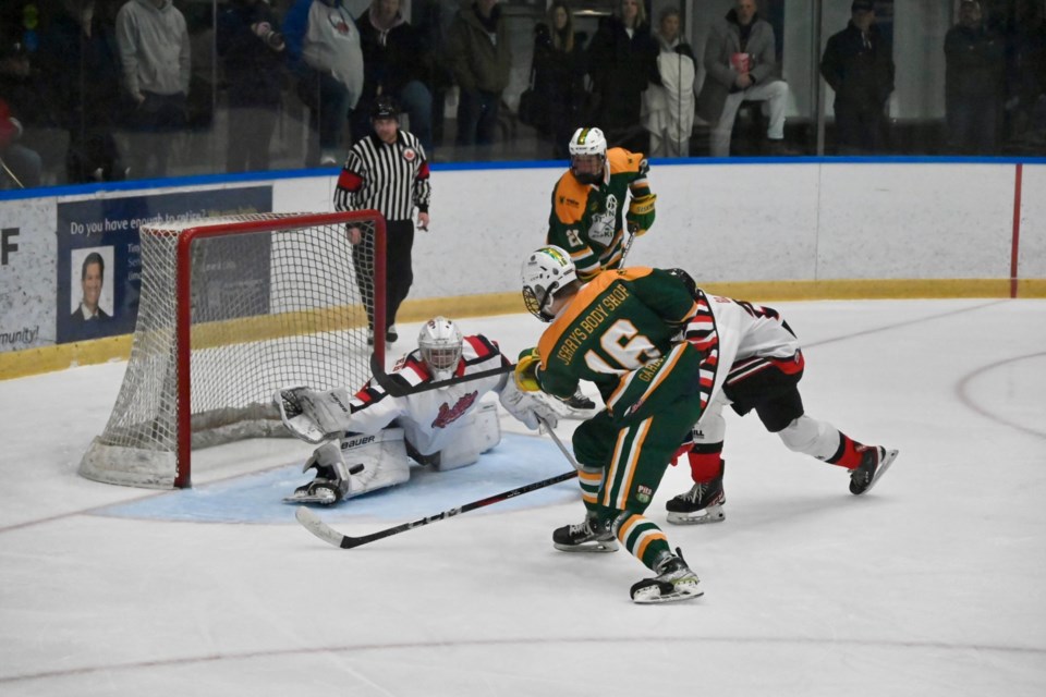 Orillia Terriers’ goaltender Nathan Hunter stretches out to make a huge kick save during the Terriers’ 3-1 victory over the Stayner Siskins in Game 3 of the PJHL second-round playoff series on Wednesday night at Rotary Place in West Orillia. Hunter stopped 21 shots to help Orillia take a 2-1 series lead.