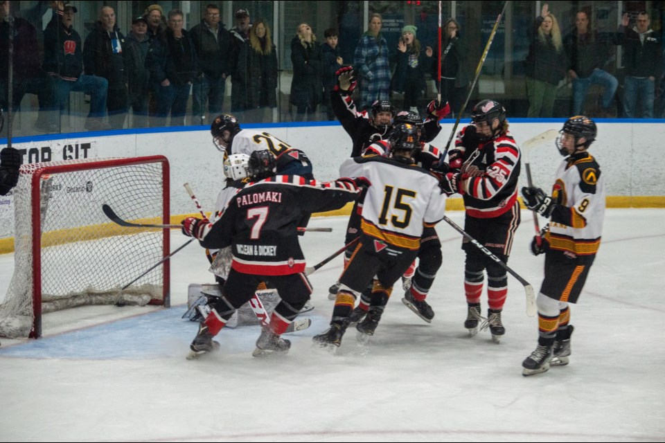 Terriers forward Devon Edmonds celebrates a third-period goal during Game 4 of the Provincial Junior Hockey League round one playoff series with the Innisfil Spartans. The Terriers won 3-0 on Tuesday night and now own a commanding 3-1 series lead.  