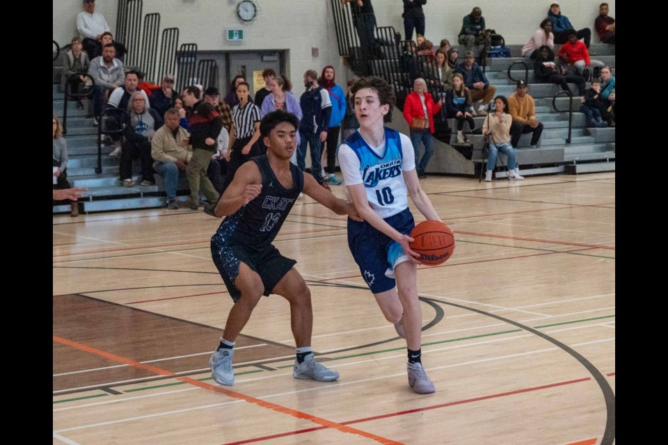 Orillia Laker Will Lapage drives to the basket during Ontario Basketball League action versus Cooksville on Saturday morning at Orillia Secondary School. The team plays its second game of the day at 6 p.m. at OSS; admission is free.