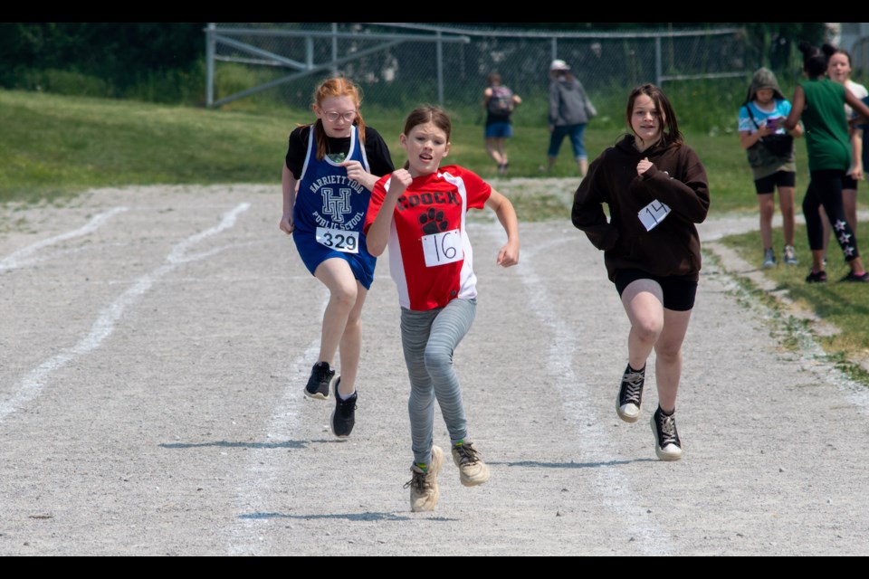 Grade 5 Couchiching Heights Public School student, Rowan Dupuis, finished first in her 200-metre grouping in the city-wide track and field championship for elementary school students on Tuesday afternoon. 