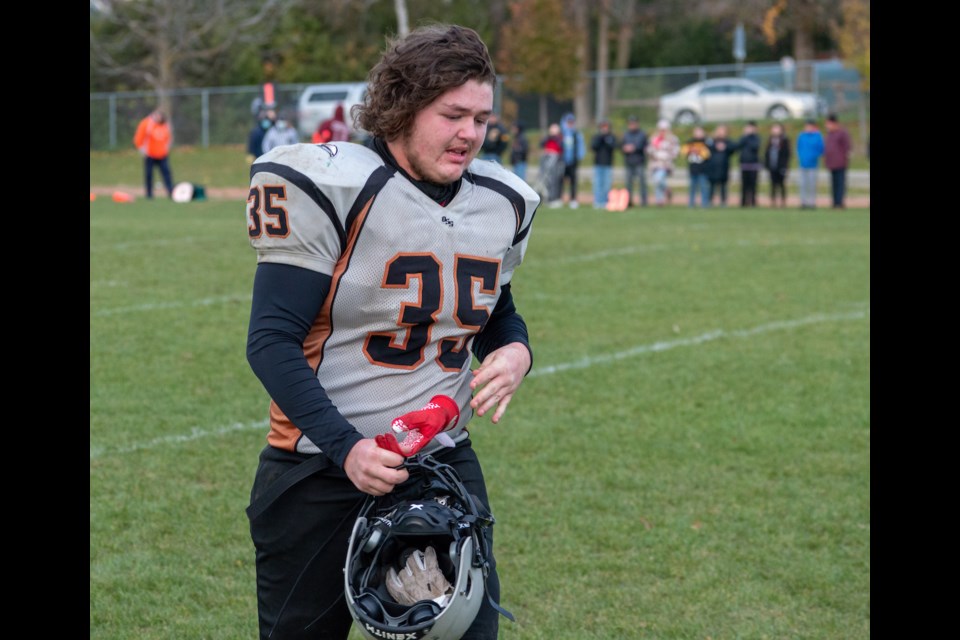 OSS Nighthawks fullback Caleb Sawyer was contained by the CCI Owls defence during the SCAA championship game on Thursday afternoon. Sawyer was a dominant force in the OSS offence all season long.  