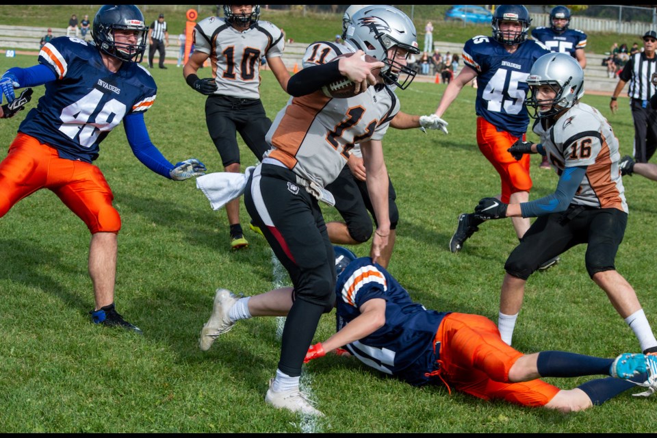 Quarterback Blake Cruise was dominant in the Orillia Secondary School Nighthawks' 39-13 victory over Innisdale on Thursday afternoon. Cruise had 200 yards and threw three touchdowns. He added nearly 70 yards on the ground with two more touchdowns.