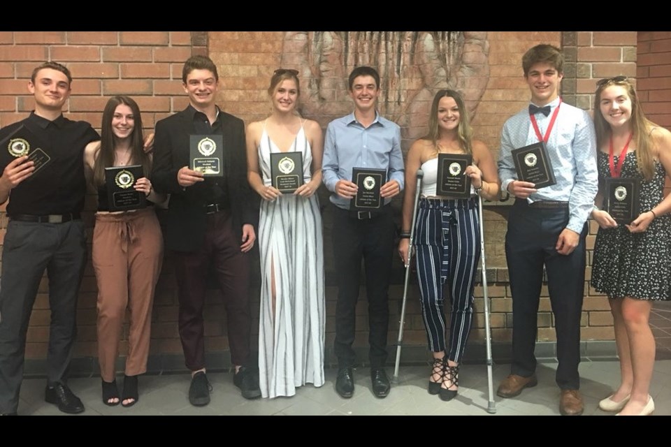 Patrick Fogarty recognized various teams and athletes at its annual athletic awards banquet Thursday. Above are the major award winners: Dane Mullen, Tianna Reda, Mitchell Pellarin, Brooke Elbers, Joe MacNeil, Hannah Morris, Ben Trumble and Avery Dobson. Contributed photo