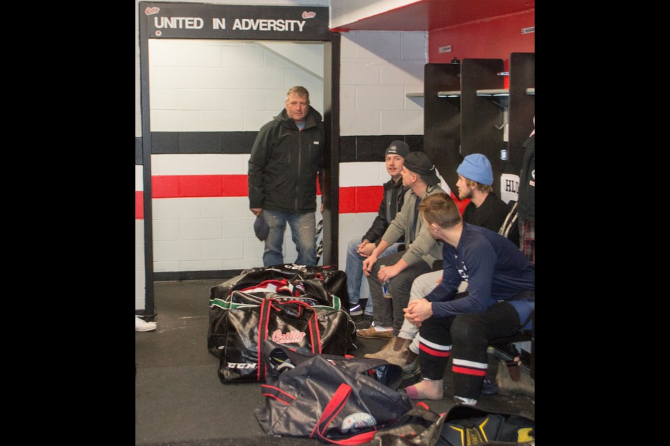 Orillia Terriers owner Jamie Clarke talks to the team before the playoffs. Clarke was the captain of the 1985 Centennial Cup winning Travelways team and is hoping to help the Terriers put junior hockey back on the map in Orillia. Tyler Evans/OrilliaMatters