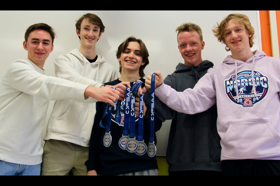 The Twin Lakes Secondary School boys' senior Nordic ski team brought home a silver and bronze medal from the OFSAA Nordic Ski Championship. Team members are, from left: Lachlan Sharpe, Oliver Avery, Nathaniel Sneyd, Jacob Hazel and Erik Vurma.