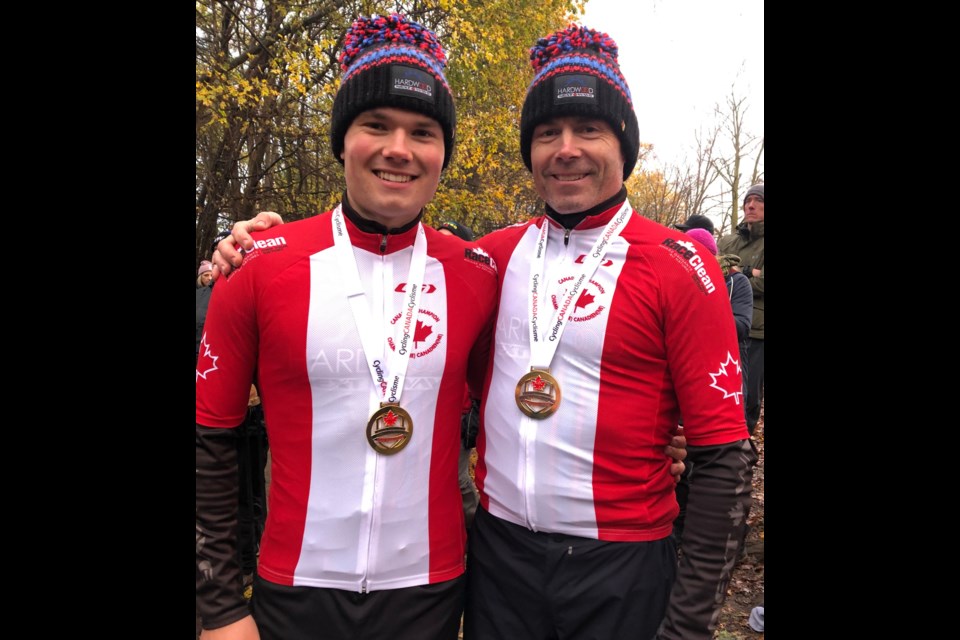 Gunnar Holmgren, left, won the U23 men's national title at the Canada Cyclocross championship in Peterborough on the weekend. His father, Rob, also earned the winner's jersey, after capturing the title in the very competitive master's category for men aged 45-54. Contributed photo
