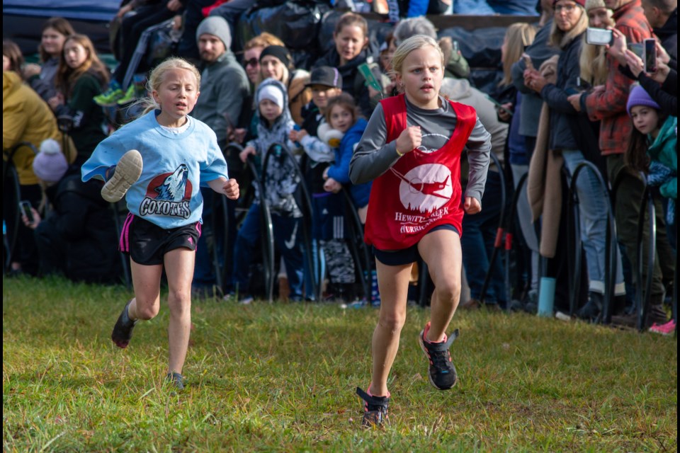Racers battled some muddy terrain during the Simcoe County Cross Country Running Championships on Wednesday at Mount St. Louis Moonstone. This runner had to carry one of her shoes that fell off during a particularly muddy part of the race.